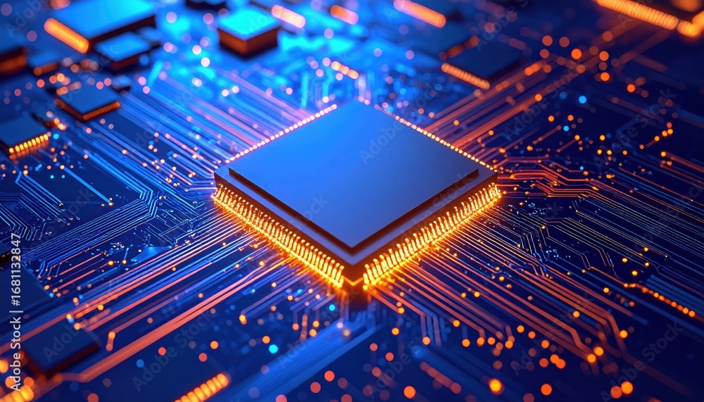 Poster a close-up view of a circuit board with glowing blue and orange connections, highlighting a central 