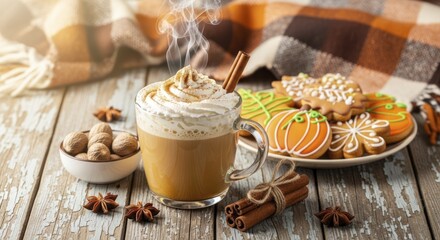 Cozy Autumn Scene with Steaming Pumpkin Spice Latte, Gingerbread Cookies, and Spices on a Rustic Wooden Table