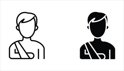 Injured man in bandage icon set. Simple outline style. Broken arm,Vector illustration isolated on white background. Editable stroke EPS 10.