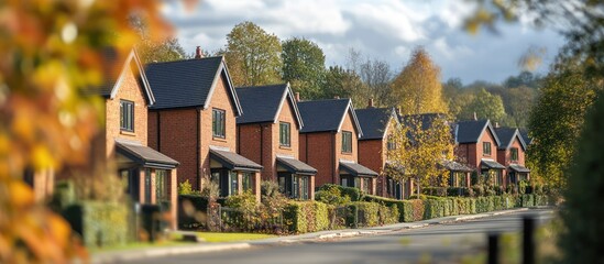 Autumn Row Houses, Suburban Street, Residential Area, Stock Photo
