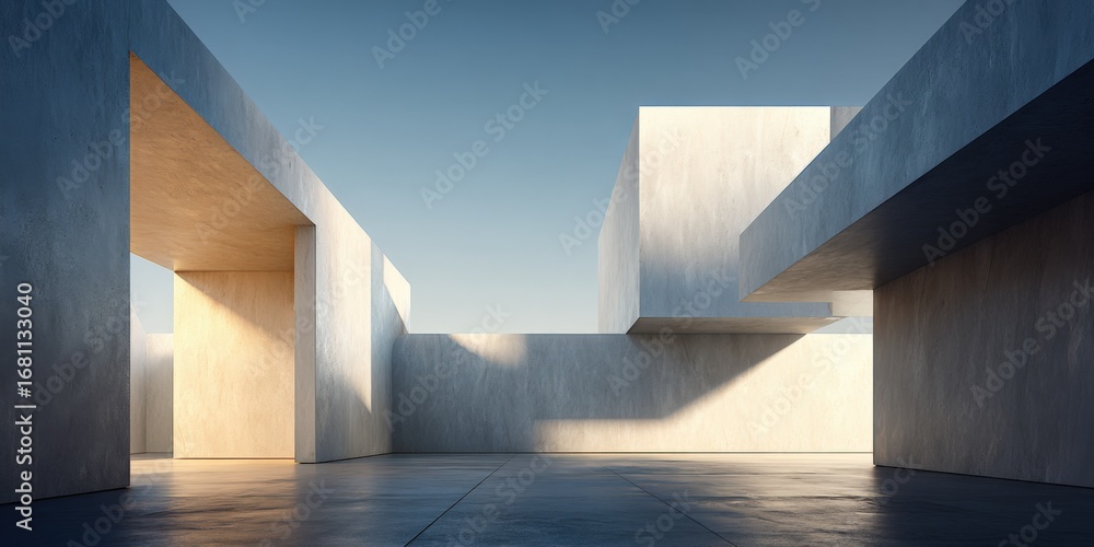 Poster abstract architectural design with concrete walls and openings creating shadows, an example of moder