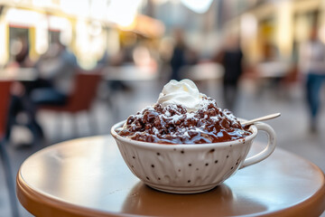Mammi dessert with cream served in city caf&eacute; outdoor setting