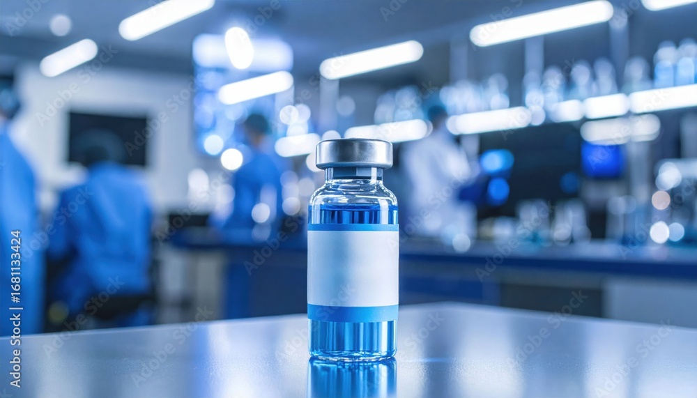 Poster a clear vial with a blue liquid is prominently displayed on a lab table, with blurred figures in lab