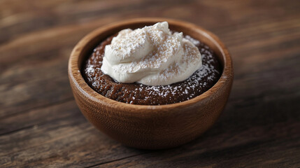 Rustic bowl of mammi with cream and powdered sugar on wooden table