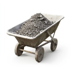 A concrete wheelbarrow filled with concrete, set against a white background