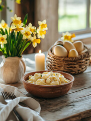 Mammi dessert with spring flowers and Easter eggs in rustic home setting