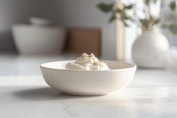 Minimalist bowl of creamy mammi dessert in bright modern kitchen
