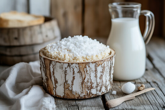 Traditional mammi souffle with powdered sugar and milk in rustic cottage kitchen