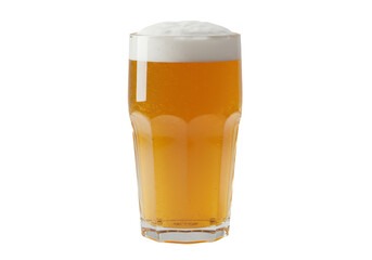 Isolated draft beer glass, fresh refreshing foamy lager drink, amber color in tall glass