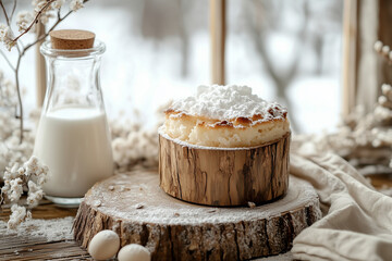 Mammi souffle with powdered sugar in cozy rustic winter cottage atmosphere
