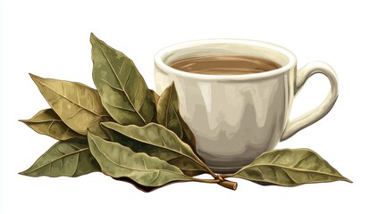 A cup of bay leaf tea isolated on a white background