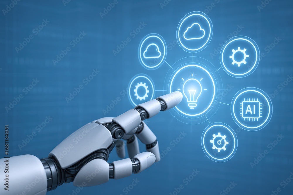 Poster robotic hand interacting with ai interface: innovation, automation, and digital transformation conce