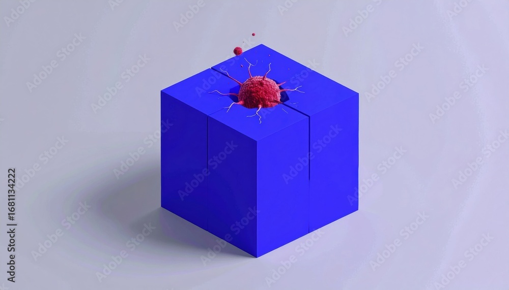 Poster a stylized blue cube with a red, abstract structure emerging from its top, suggesting a blend of mod