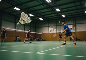 Fototapeta premium バドミントン選手が緑のコートでプレーする様子