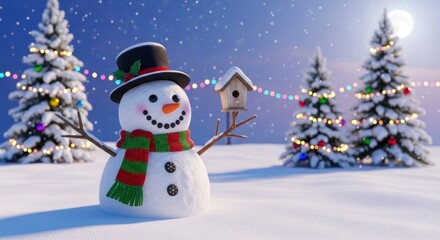 Obraz premium A Cheerful Snowman with a Birdhouse Amidst Snowy Trees and Festive Lights.