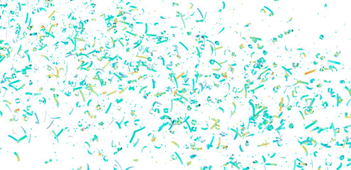 Festive background image of teal and gold confetti falling on white. Perfect for party invitations, celebrations, and festive designs.