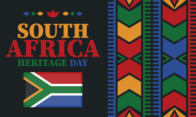 South Africa Heritage Day. Happy holiday. Celebrate culture and traditions of nation. South African flag. Poster with illustration. Pattern design. Vector