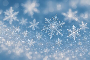 Beautiful macro photograph of intricate snowflakes with sharp icy details, sparkling in soft blue winter light, capturing the magic and uniqueness of snow.