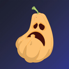 A creepy, cartoonish pumpkin face with sharp, dangerous teeth. Vector illustration for Halloween isolated on a blue background.