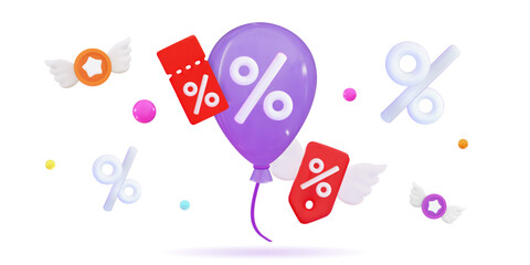 3d low price Loyalty program, discount coupon, sales with an excellent offer Special promotion, advertising Flying balls Holiday sale