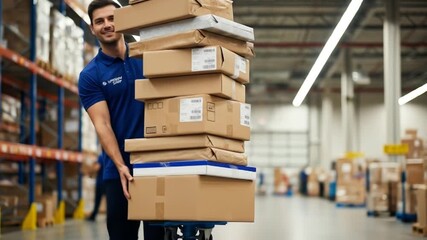Smiling warehouse worker in a blue uniform carefully transports a tall stack of cardboard boxes on a dolly through a large, organized distribution center.
