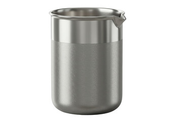 Isolated shiny metal cylindrical beaker with pouring spout for liquid transfer, laboratory, medical