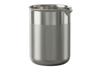 Isolated shiny metal cylindrical beaker with pouring spout for liquid transfer, laboratory, medical