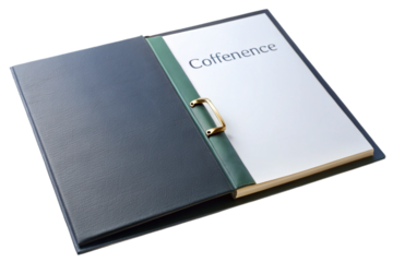 Conference folder open displaying information with ring binder mechanism isolated object transparent background