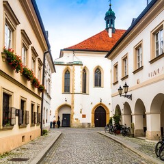 Obraz premium Quaint European street scene with old buildings and a church