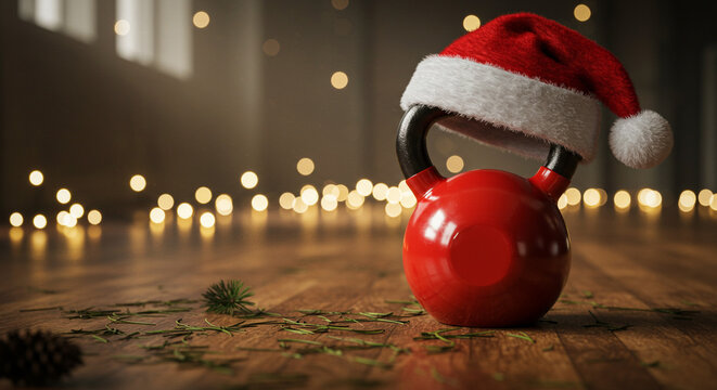 Red kettlebell with Santa hat on wooden gym floor, Christmas fitness holiday theme