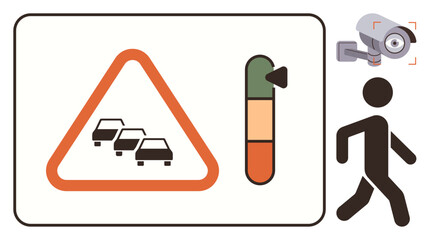 Traffic congestion alert with triangular sign, congestion meter, surveillance camera, and walking pedestrian. Ideal for road safety, traffic monitoring, urban planning, public alerts, technology
