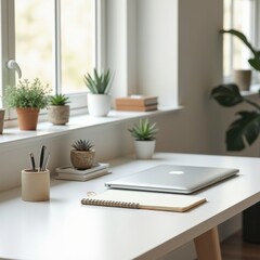 chic minimalist workspace closed laptop notepad stylish creative office atmosphere professional environment organized desk accessories inspiration, furniture