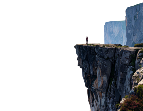 3D render of a lone figure standing on a cliff edge overlooking a chasm to another 