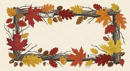 Autumn Fall Frame Border with Colorful Maple and Oak Leaves, Rustic Wood, Acorns, and Pinecones on a Light Background