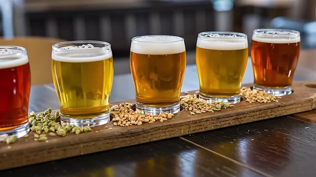 Artisanal Craft Beer Flight Tasting with Diverse Brews, Golden Hues, and Raw Brewing Ingredients on a Rustic Wooden Paddle