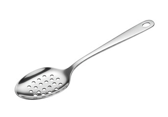 Isolated stainless steel slotted spoon, shiny utensil for cooking and draining foods