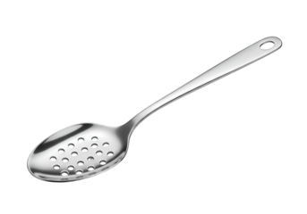 Isolated stainless steel slotted spoon, shiny utensil for cooking and draining foods