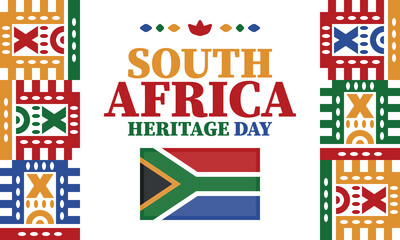 South Africa Heritage Day. Happy holiday. Celebrate culture and traditions of nation. South African flag. Poster with illustration. Pattern design. Vector