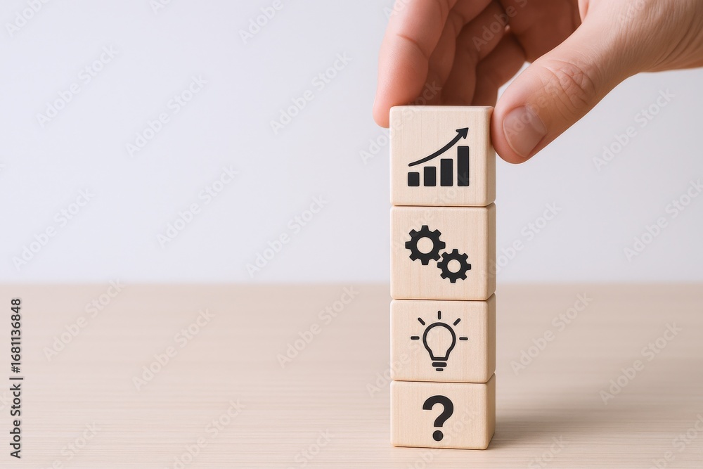 Poster growth strategy visualization: hand arranging wooden blocks with business icons depicting progress a