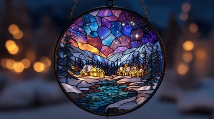 Stained Glass Winter Landscape: Celestial Sky, Snowy Mountains, and Cozy Village in Circular Ornament