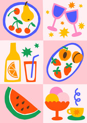 Summer picnic food vector illustration. Bold bright poster design with fruits, lemonade, watermelon, ice cream