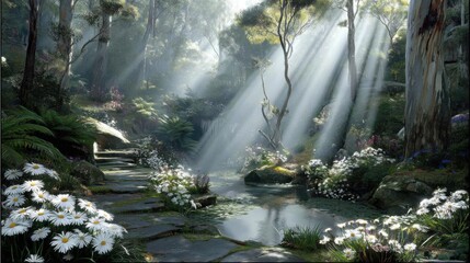 Nature's serenity sunlit forest stream tranquil landscape captivating environment dreamy viewpoint