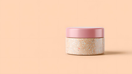 Elegant cosmetic cream jar with pink lid on beige background, perfect for showcasing beauty and skin care products in a modern and minimalist style