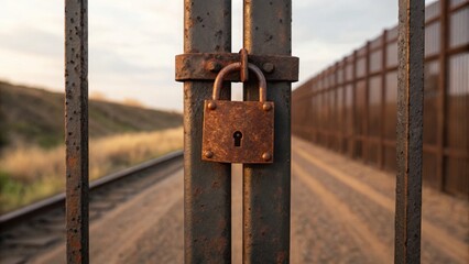 Rusty Padlock on Closed Gate at Border in Evening Light