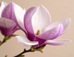 Obraz premium beautiful close-up photograph features two delicate purple magnolia flowers with soft, curving petals and prominent stamens. They are elegantly arranged on a dark branch against a serene light beige 