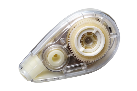 Clear correction tape dispenser with visible internal mechanism isolated for office and school use transparent background