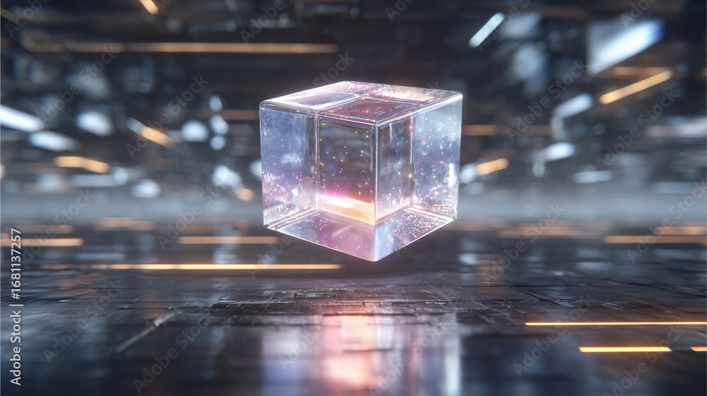 Poster futuristic transparent cube: a captivating, transparent cube glows with internal light, symbolizing 