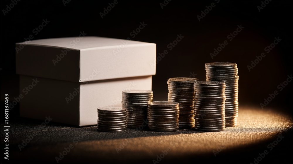 Poster hidden wealth: a simple white box sits beside neatly stacked coins, a symbolic representation of con