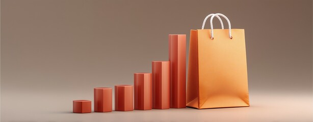 Retail Surge Visualization: A vibrant shopping bag ascends alongside a graph composed of red pillars, graphically representing escalating trends of consumerism.