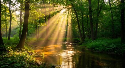 Fototapeta premium Sunlit Stream in Forest: Capture the ethereal beauty of a sun-drenched forest scene, with a gentle stream meandering through, inviting viewers to immerse in nature's serenity.